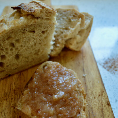 Artisan sourdough topped with quick and easy pear butter.