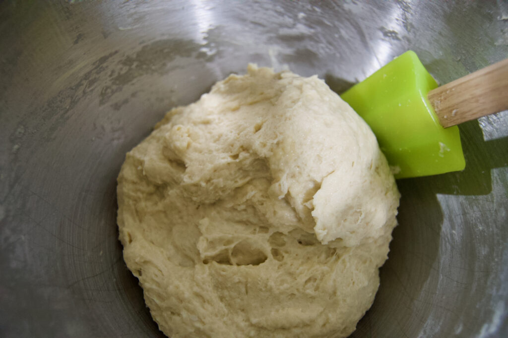 Sourdough cinnamon roll sweet dough after initial mixing.