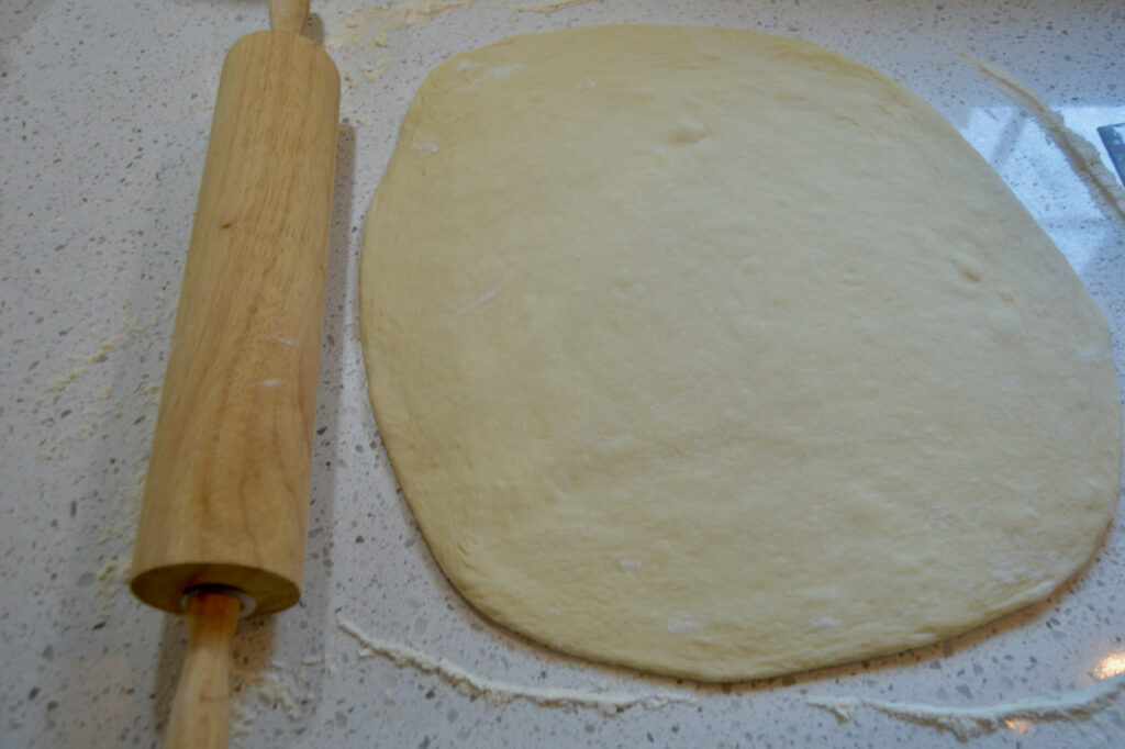 Sourdough Cinnamon Roll sweet dough rolled out and ready for pear butter.