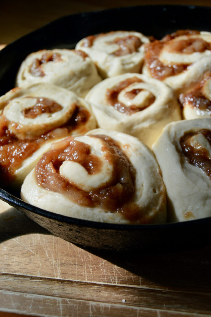 Pear Butter Sourdough Cinnamon Rolls jammy and fluffy.