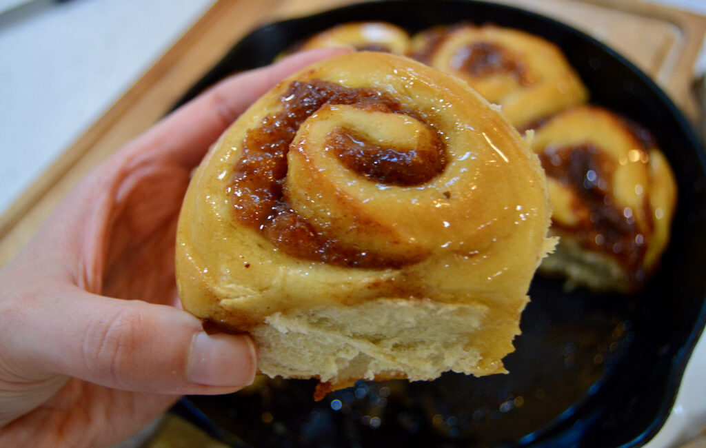 Honey glazed pear butter sourdough cinnamon roll.