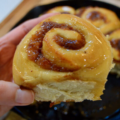 Honey glazed pear butter sourdough cinnamon roll.