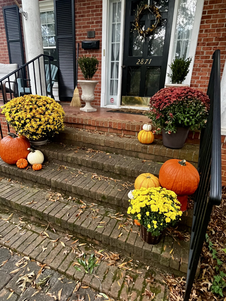 Traditional front porch steps featuring pumpkins and mum for fall decor.