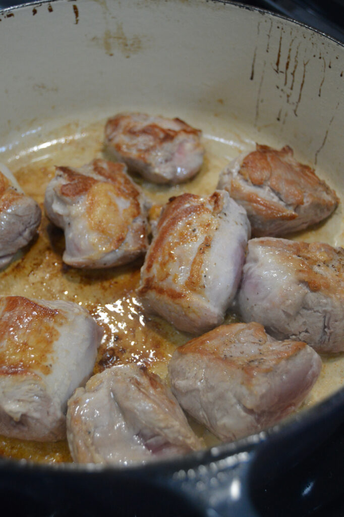 Season the pork with salt and pepper then sear to pull out the savory flavors for this Braised Spiced Cider Pork Tenderloin dish.