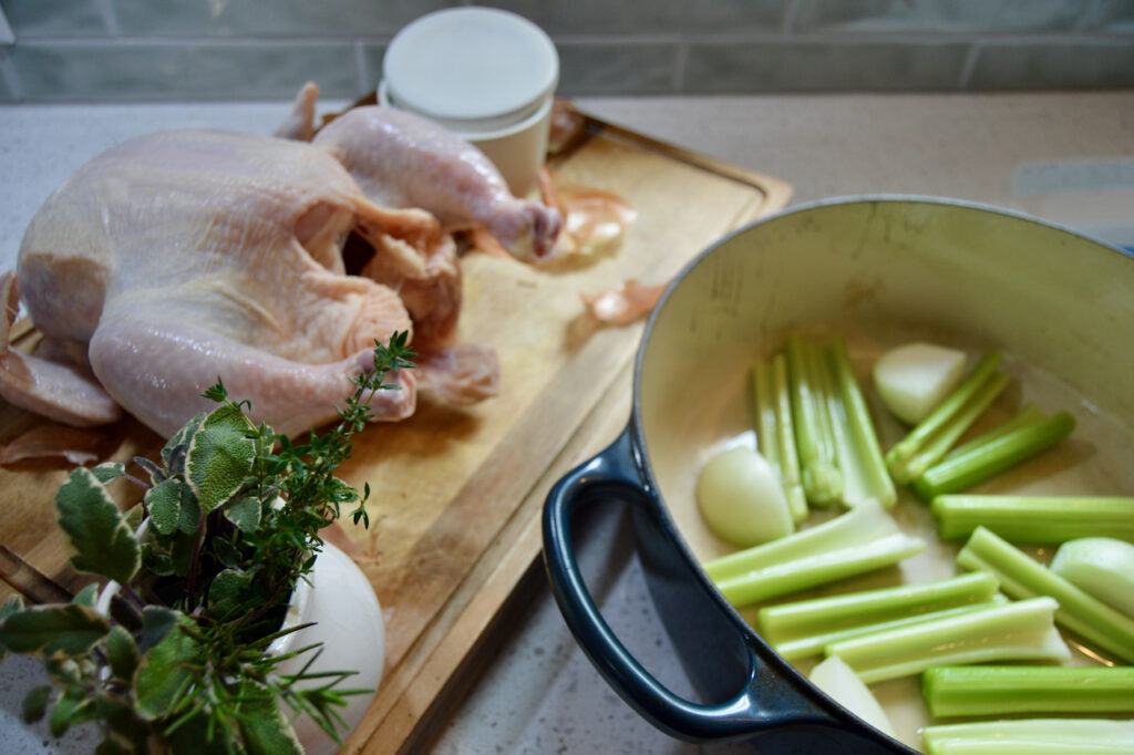 Layer the bottom of the roasting pan with onions and celery first when you roast a whole chicken.