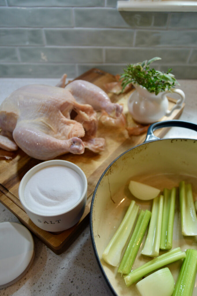 Making a roast whole chicken using natural and fresh ingredients.