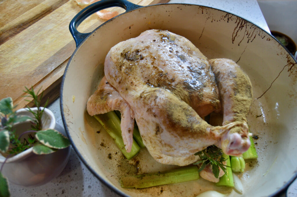 Liberally apply poultry seasoning, salt and pepper to the exterior prior to baking.