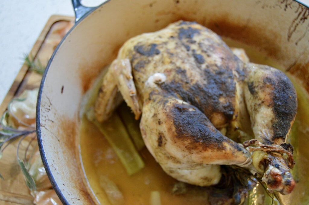 The roast whole chicken with crispy chicken and moist meat.