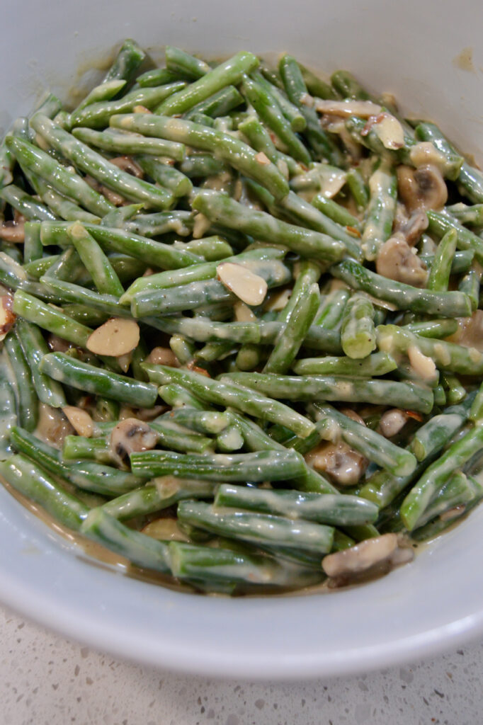 Fresh green bean casserole ready to bake in the oven.