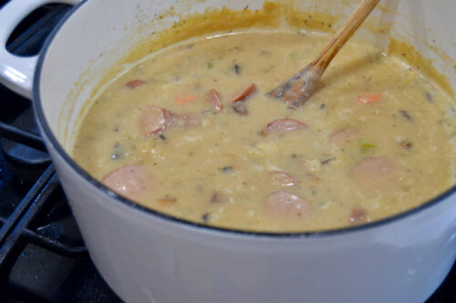 A large pot of comforting kielbasa potato soup.