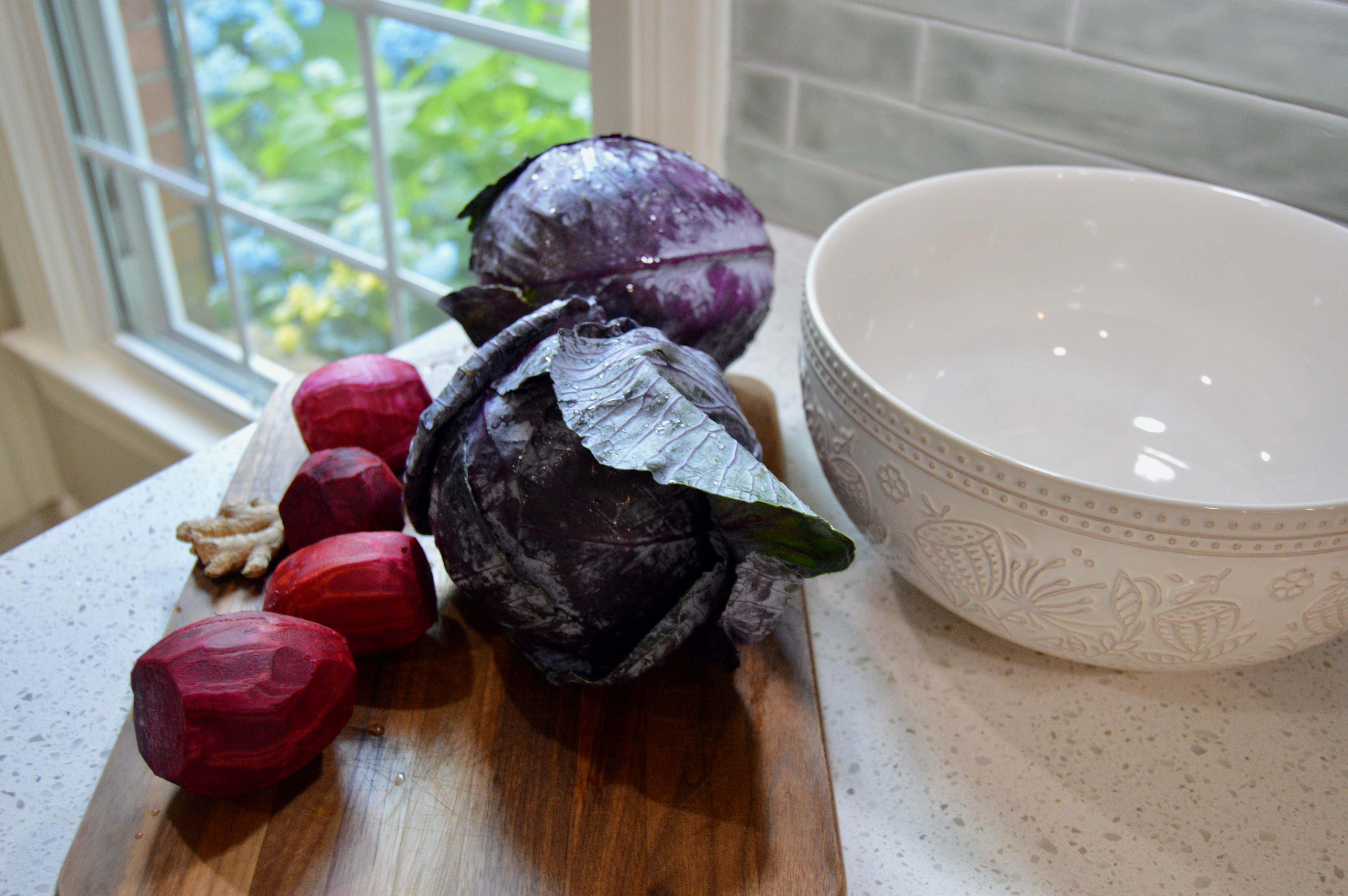 Purple sauerkraut made with red cabbage, beets and ginger that boast beneficial bacteria for your gut.