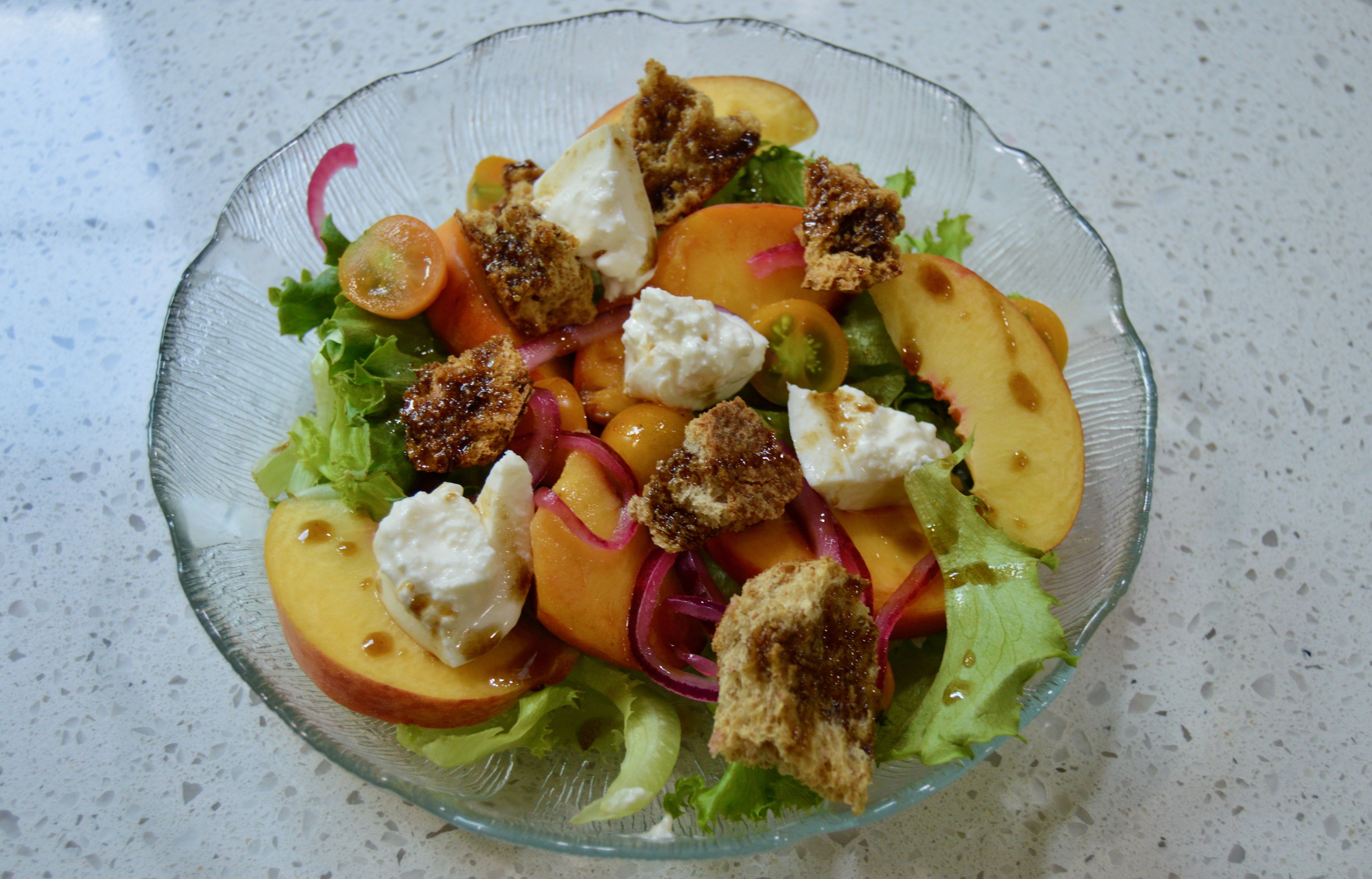 Rustic, sweet peach panzanella.