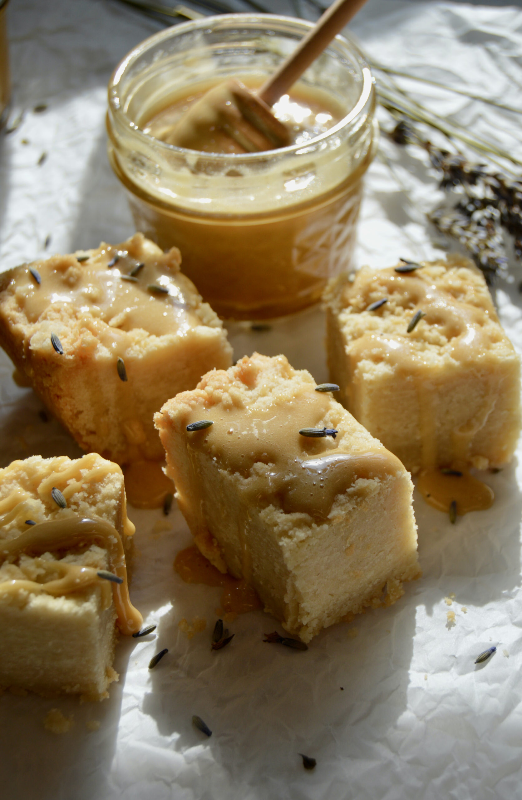 Whipped honey on shortbread bars with lavender